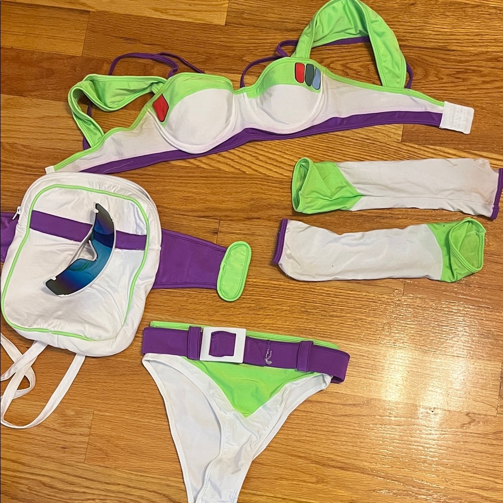 White, Green & Purple Women's Bikini Set with Accessories